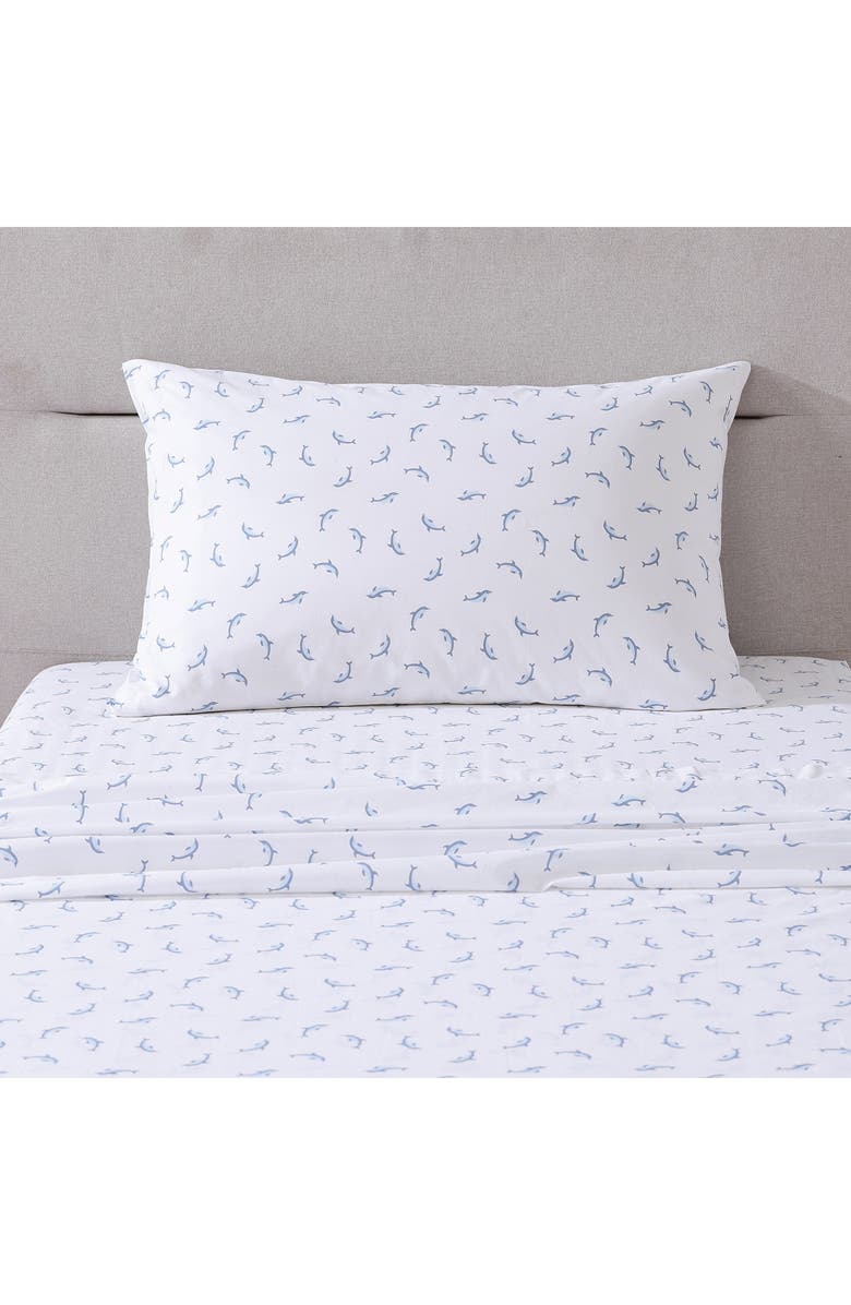 POPPY AND FRITZ Dolphin Print 200 Thread Count Cotton Percale Sheet Set, Alternate, color, Light Pastel Blue