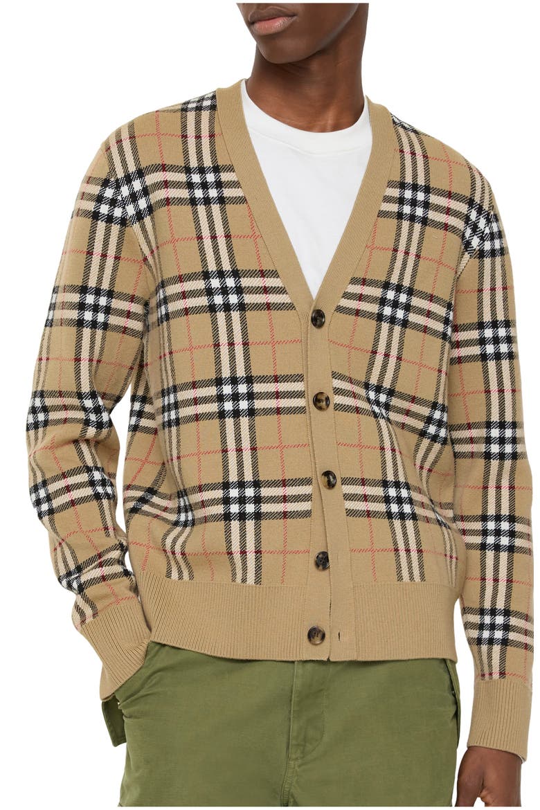 Check Cotton Wool Cardigan, Main, color, Sand beige