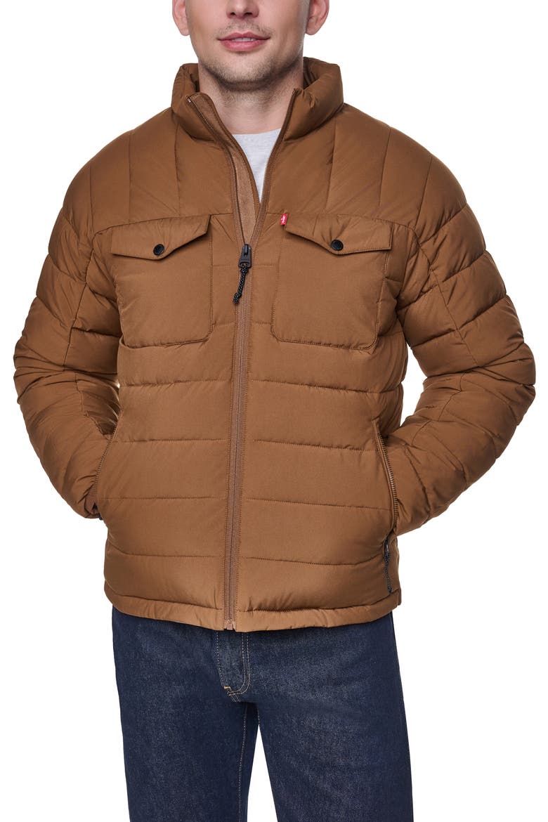 Stand Collar Puffer Jacket, Main, color, BROWN