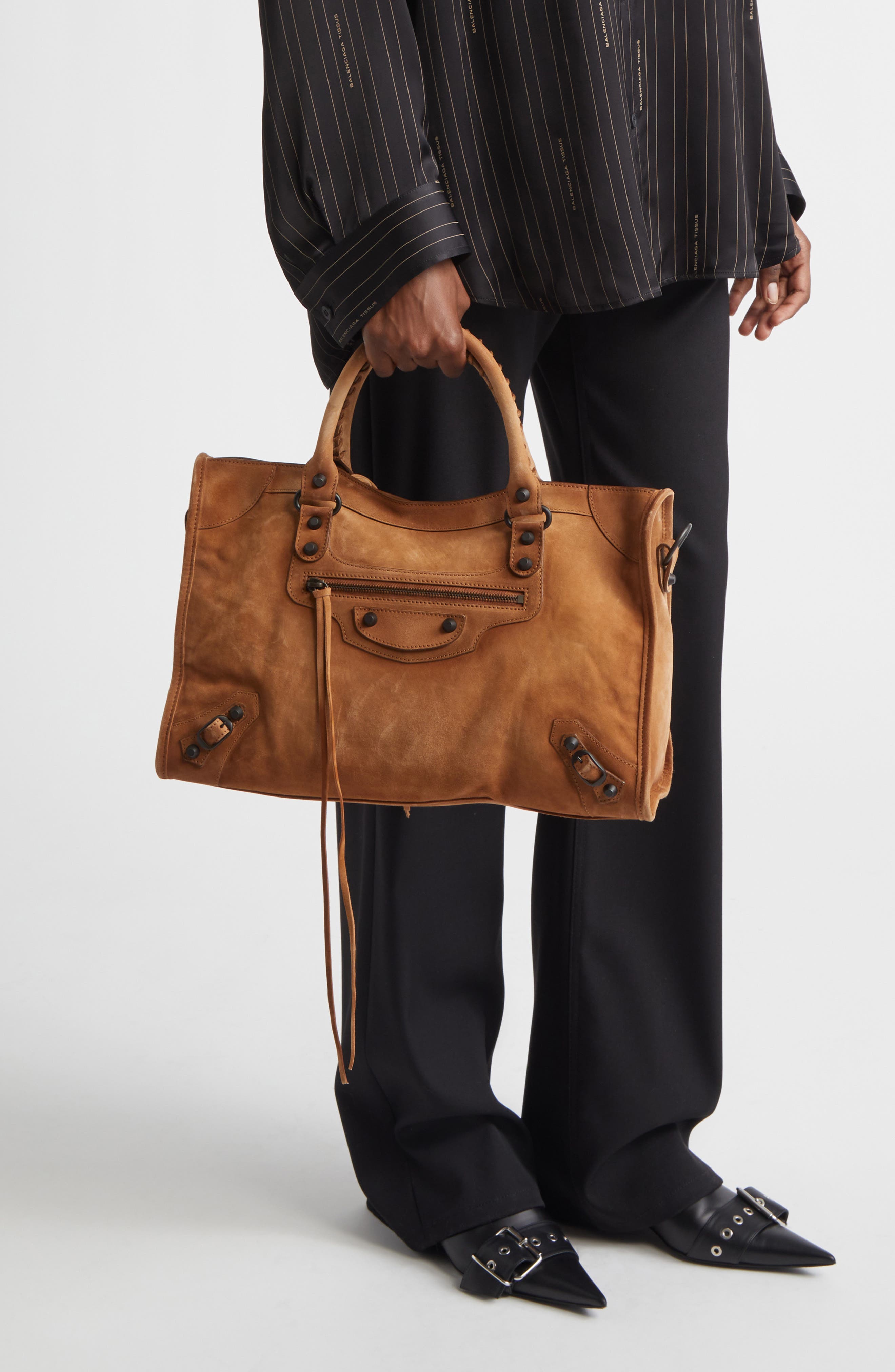 Balenciaga Medium Le City Suede Satchel, Alternate, color, Camel