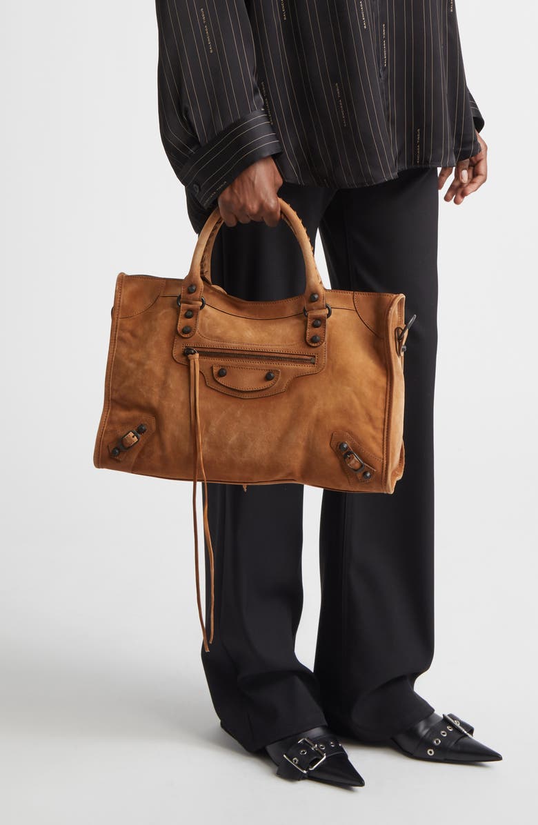 Balenciaga Medium Le City Suede Satchel, Alternate, color, Camel
