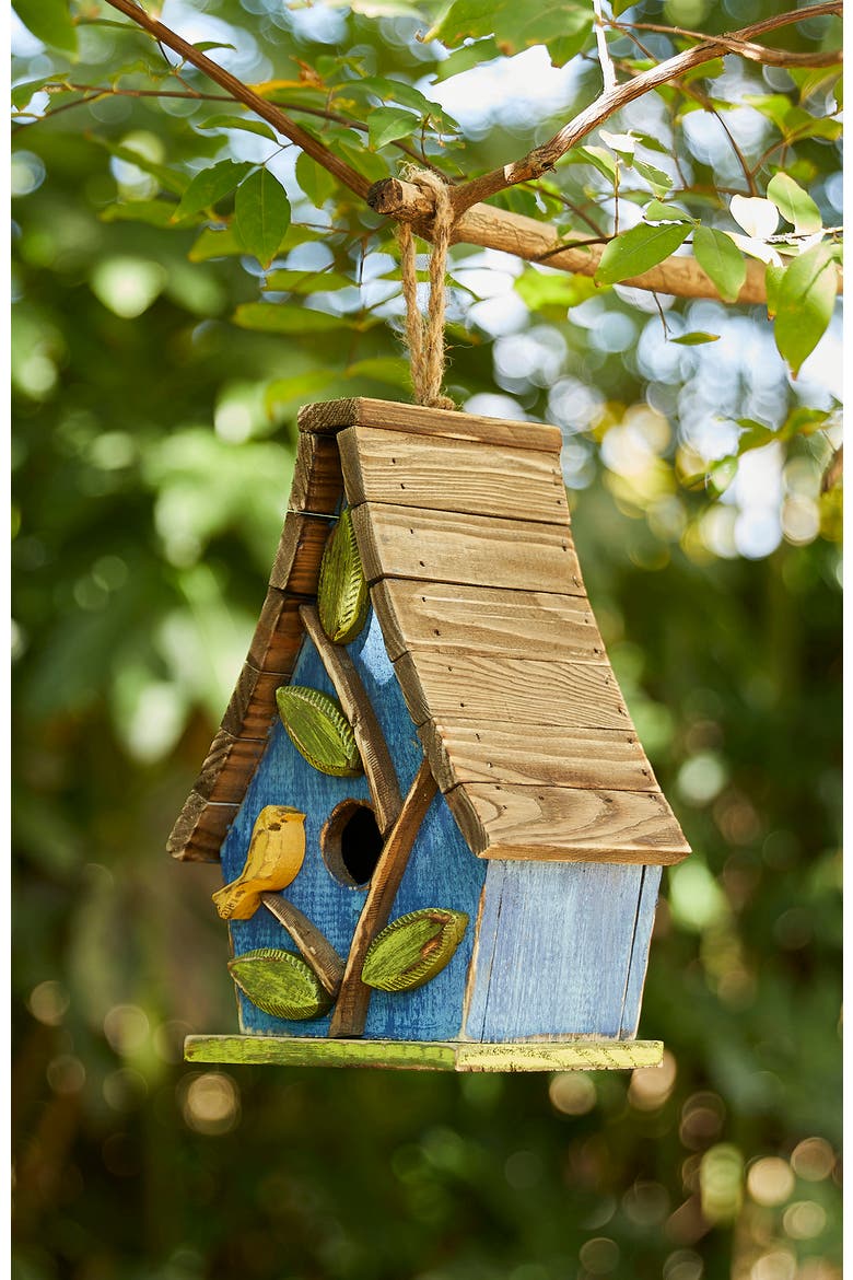 9.5"H Distressed Solid Wood Birdhouse with 3D Leaves, Alternate, color, Blue