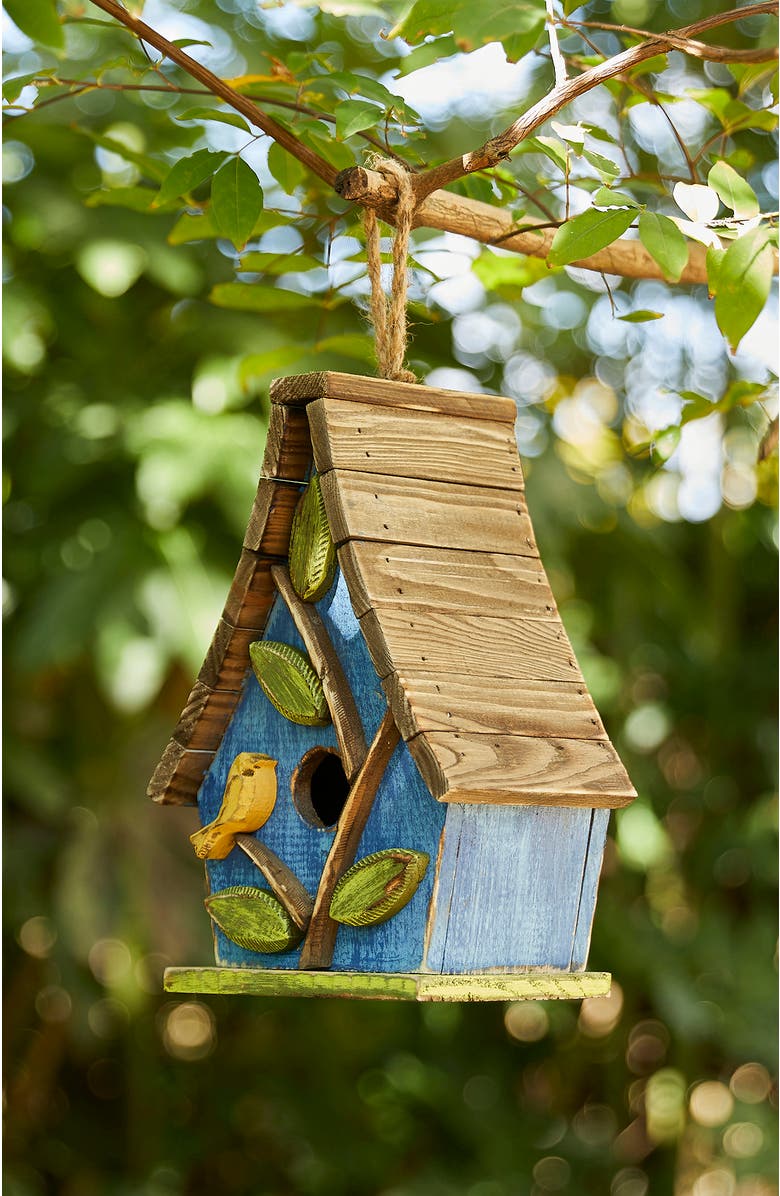 Glitzhome 9.5"H Distressed Solid Wood Birdhouse with 3D Leaves, Alternate, color, Blue