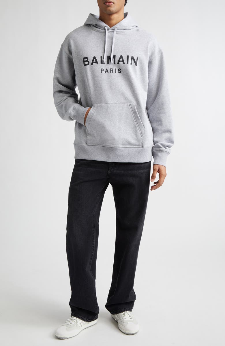 Balmain Logo Graphic Hoodie, Alternate, color, Yeq Grey/ Black