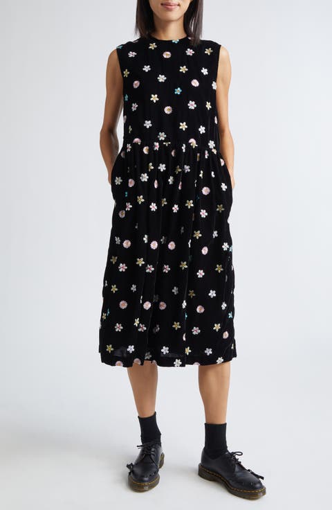 Floral Embroidered Velvet A-Line Dress