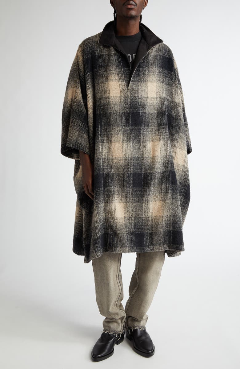 Fear of God Plaid Leather Collar Poncho Pullover, Main, color, Black/ Cream