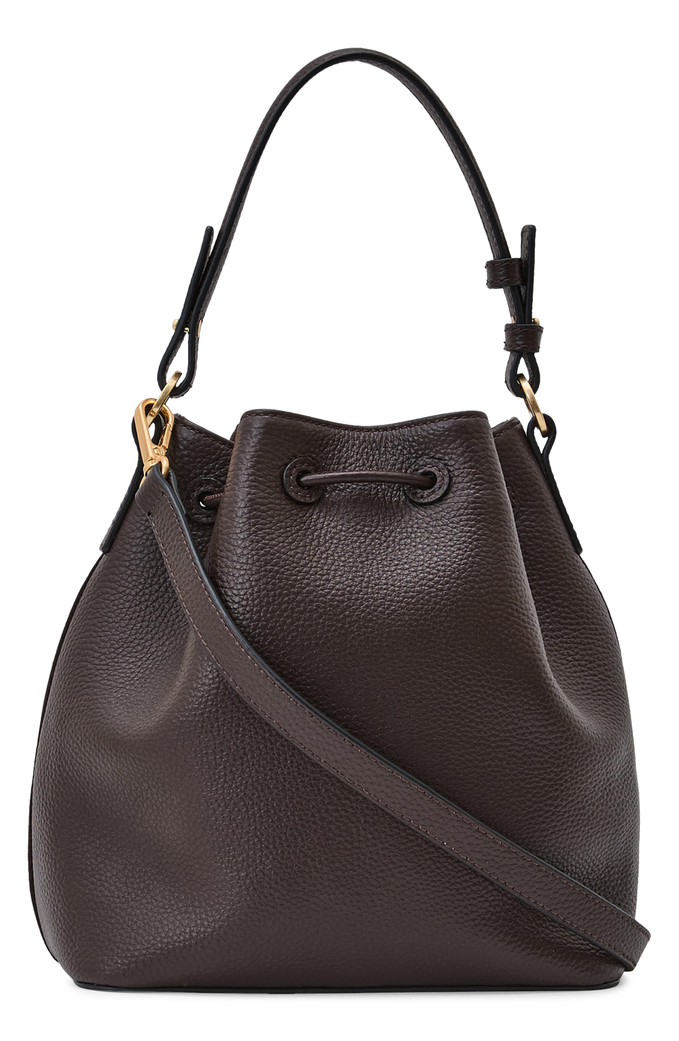 Reiss Esther Leather Bucket Bag, Main, color, Chocolate
