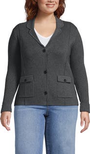 Lands' End Plus Size Drifter Ribbed Collared Blazer Sweater