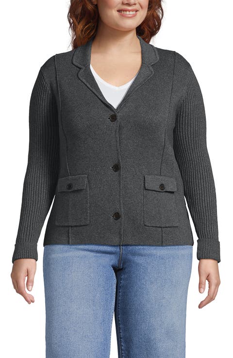 Lands' End Plus Size Drifter Ribbed Collared Blazer Sweater