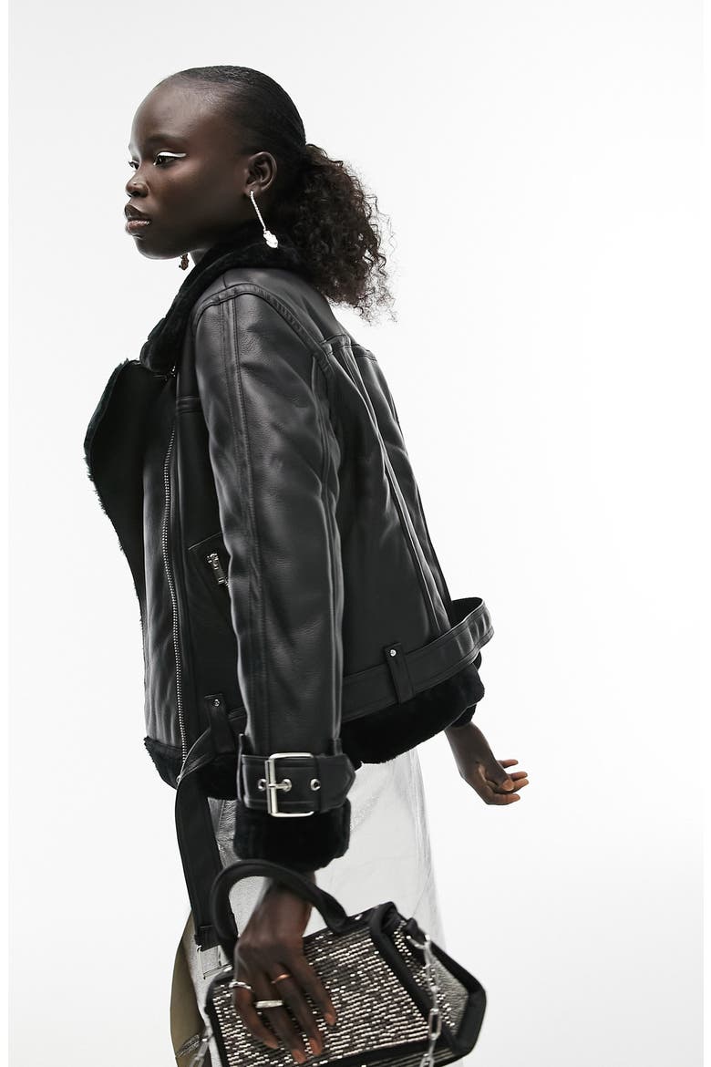 Faux Leather Biker Jacket, Alternate, color, BLACK