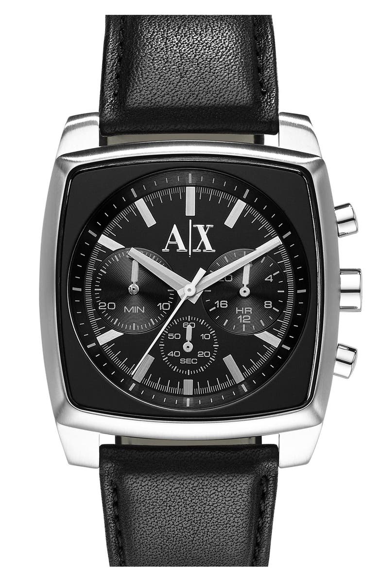 AX Armani Exchange Square Chronograph Leather Strap Watch, 40mm, Main, color,