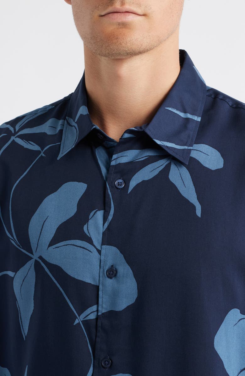 Open Edit Floral Short Sleeve Cotton Button-Up Shirt, Alternate, color, Navy- Blue Leafy Modern