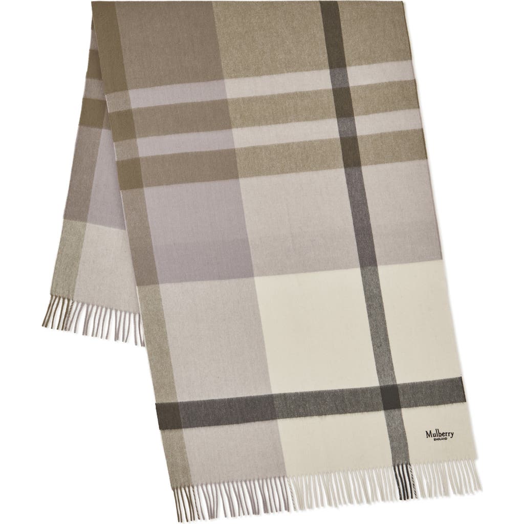 Mulberry Check Merino Wool Scarf In Eggshell/olive