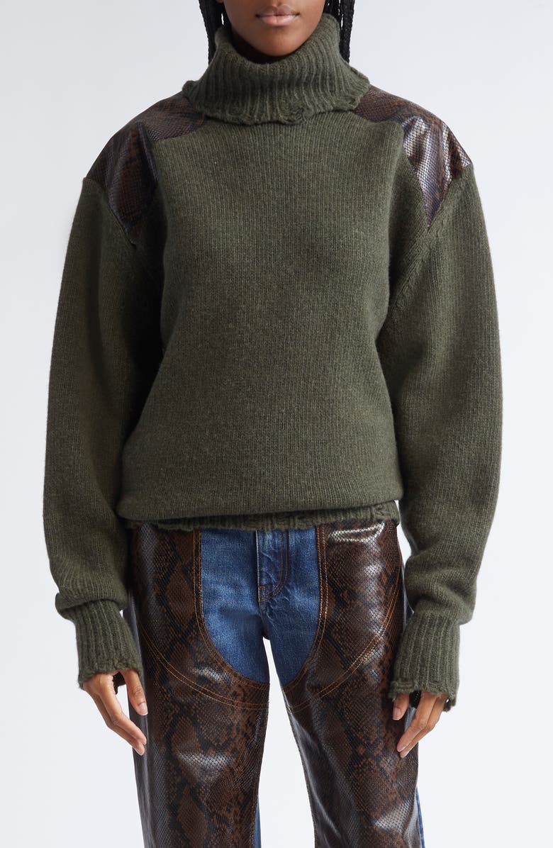 Stella McCartney Snakeskin Embossed Faux Leather & Virgin Wool Sweater, Main, color, Dark Khaki