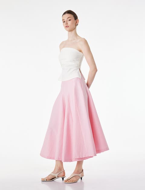 A-Line Pleated Cotton Midi Skirt