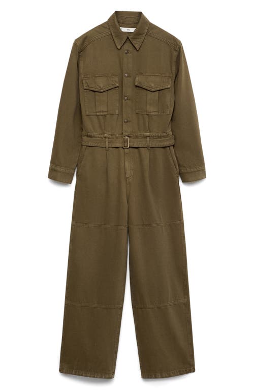 Mango Sidney Long Sleeve Cotton Utility Jumpsuit In Khaki Green