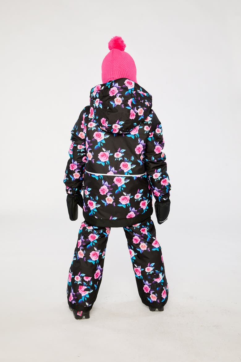 Floral Jacket & Foot Strap Pants Two Piece Snowsuit, Alternate, color, Black Printed with Roses