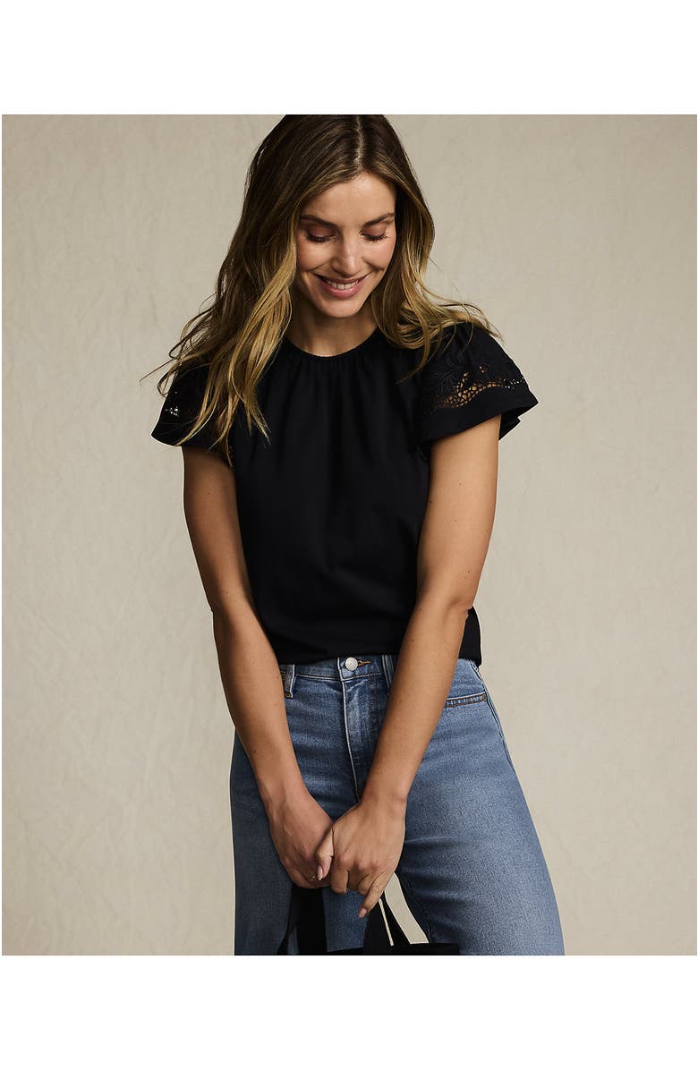 Lands' End Lightweight Jersey Crew Neck Ruffle Sleeve Flowy Top, Alternate, color, Black