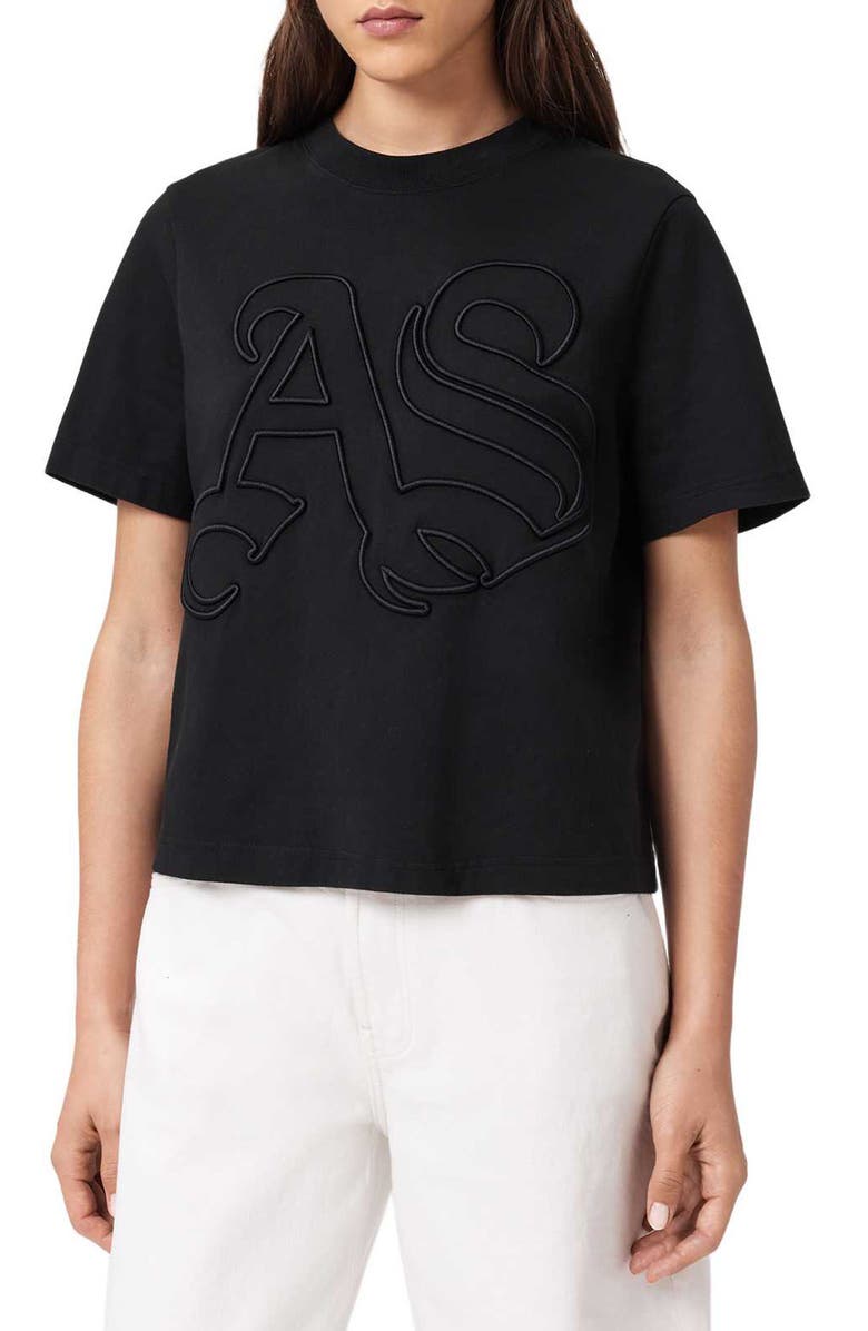 AllSaints Lisa Embroidered Cotton T-Shirt, Main, color, Black