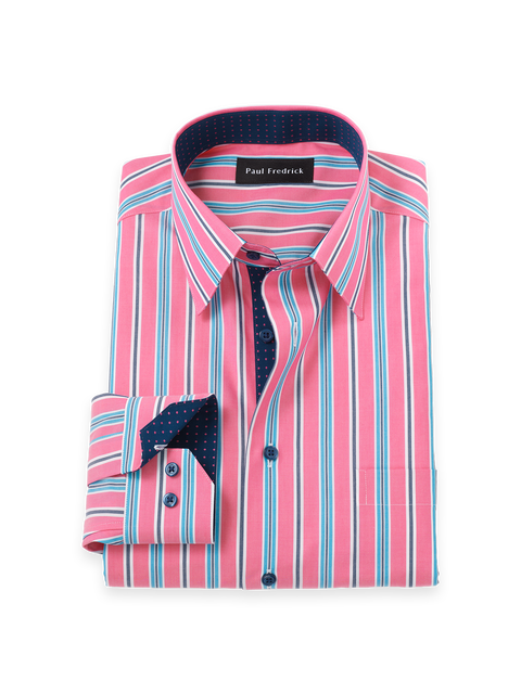 Cotton Point Collar Poplin Tailored Contrast Trim Button Cuff Long Sleeve