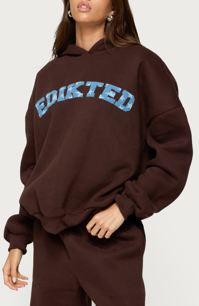 EDIKTED Really Logo Graphic Hoodie, Alternate, color, Brown