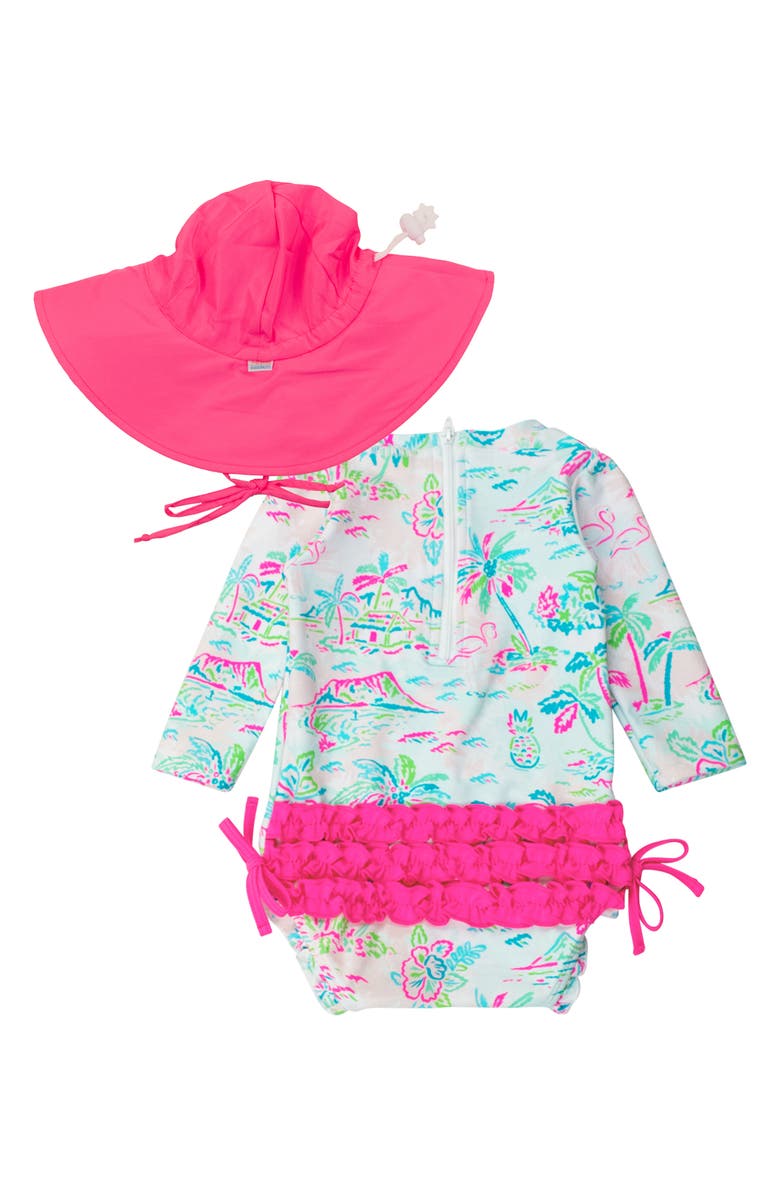 RuffleButts Tropical Resort One-Piece Rashguard Swimsuit & Hat Set, Alternate, color,