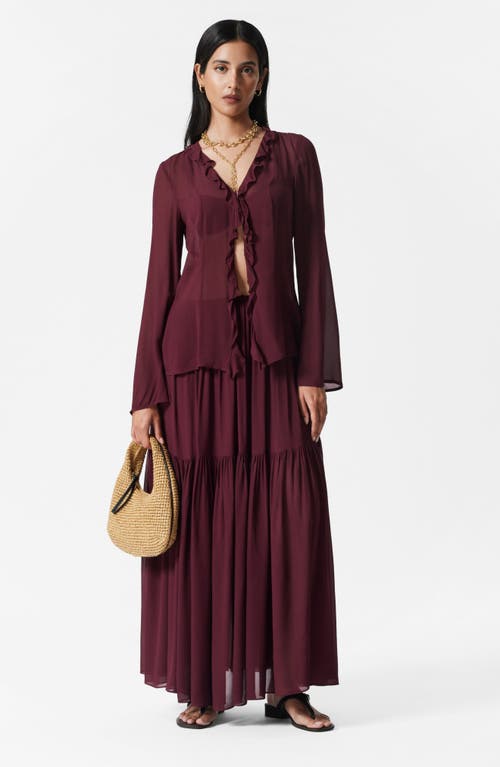 & Other Stories Ruffle Slit Front Semisheer Top In Burgundy