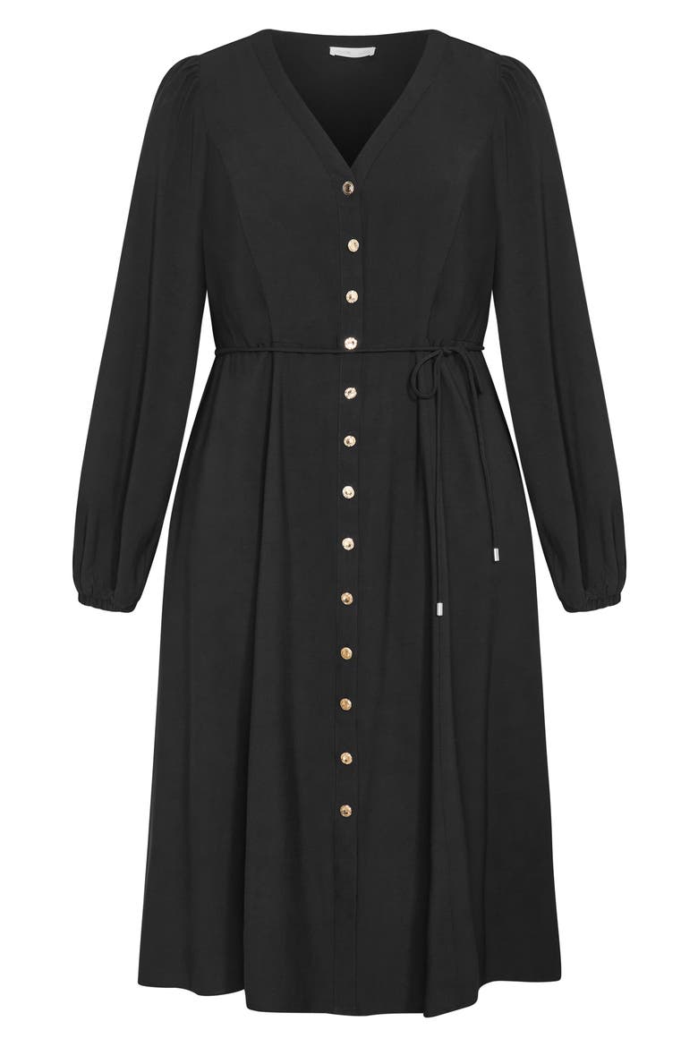 Kristina Tie Waist Long Sleeve Midi Dress, Alternate, color, BLACK