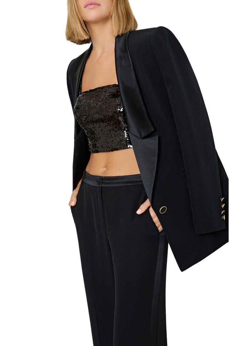 Soren Low Rise Wide Leg Satin Trim Pants, Alternate, color, BLACK