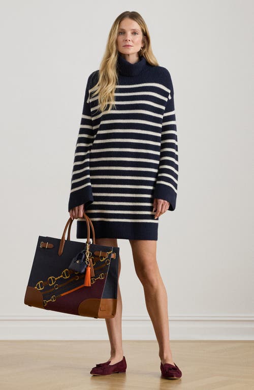 Ralph Lauren Striped Wool-cashmere Turtleneck Dress In Blue