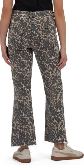 Kelsey Leopard Print Raw Hem Mid Rise Ankle Flare Jeans