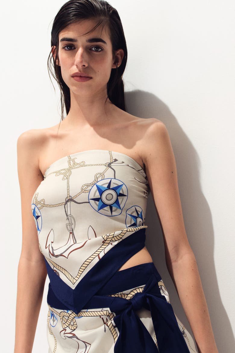 Scarf-look Lyocell Bandeau Top, Main, color, Cream/patterned