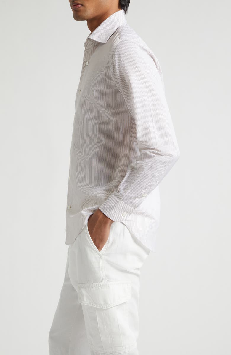Eleventy Dandy Collar Stripe Cotton & Linen Button-Up Shirt, Alternate, color, Sand