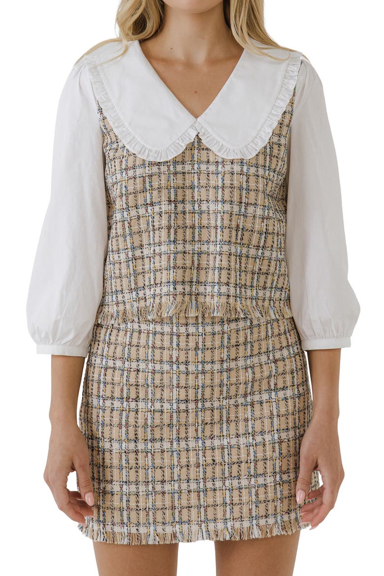 Combination Tweed Vest & Poplin Blouse, Alternate, color, BEIGE