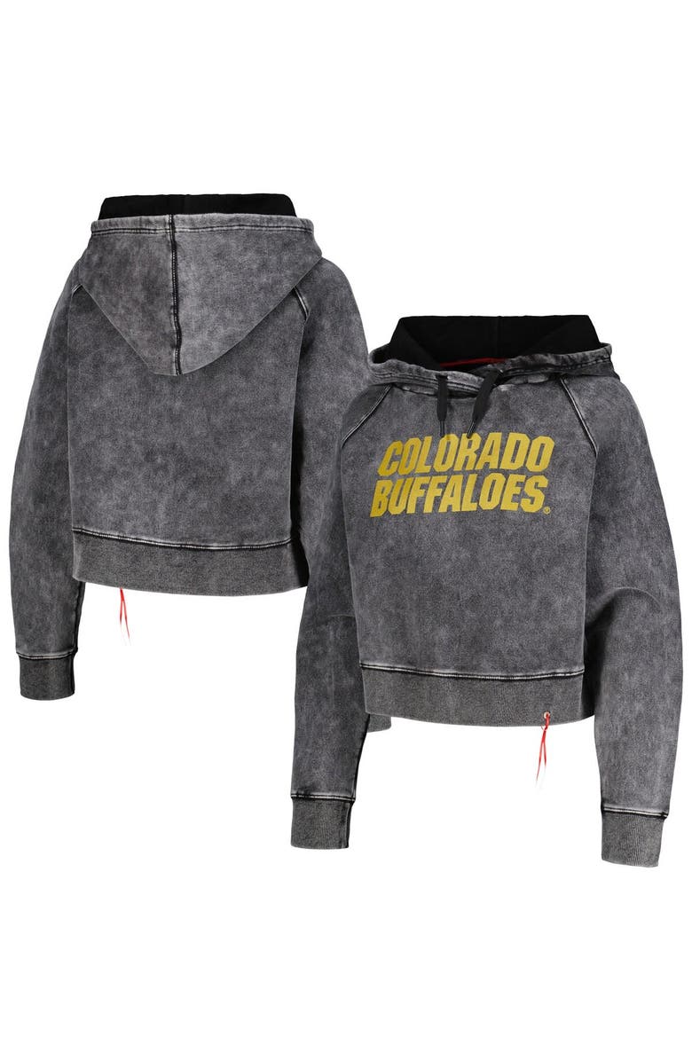 KADYLUXE Women's Black Colorado Buffaloes Vintage Wash Raglan Cropped Boxy Pullover Hoodie, Alternate, color, Black