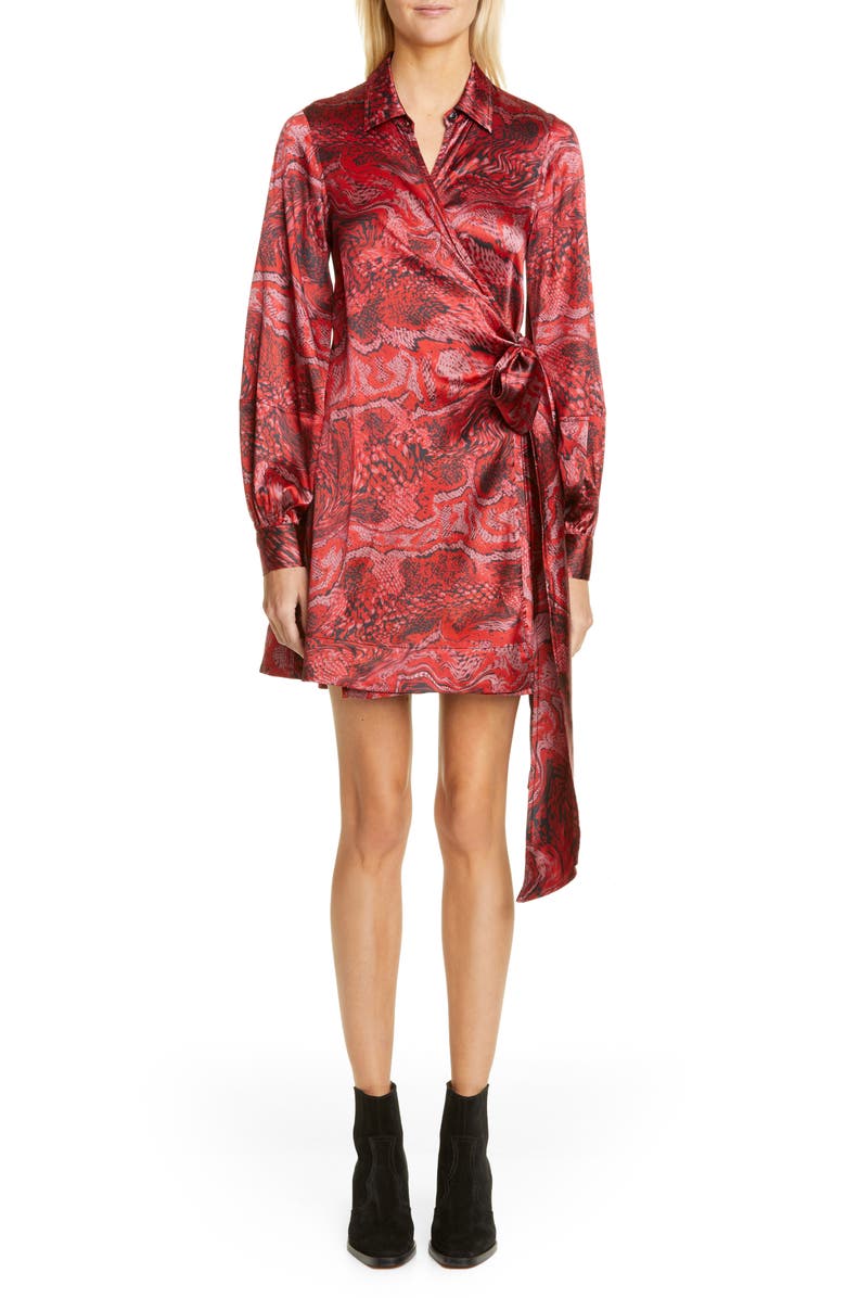 Ganni Long Sleeve Silk Stretch Satin Wrap Dress, Main, color, 