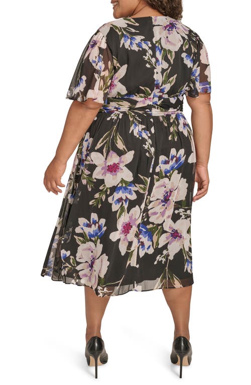 Calvin Klein Plus Size Floral-print Flutter-sleeve Chiffon Dress In Black Multi