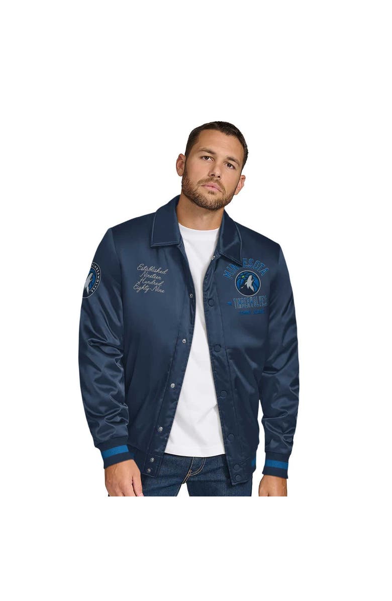 TOMMY JEANS Men's Tommy Jeans Navy Minnesota Timberwolves Jacob Chain Stitch Applique Full-Snap Varsity Jacket, Main, color, Navy