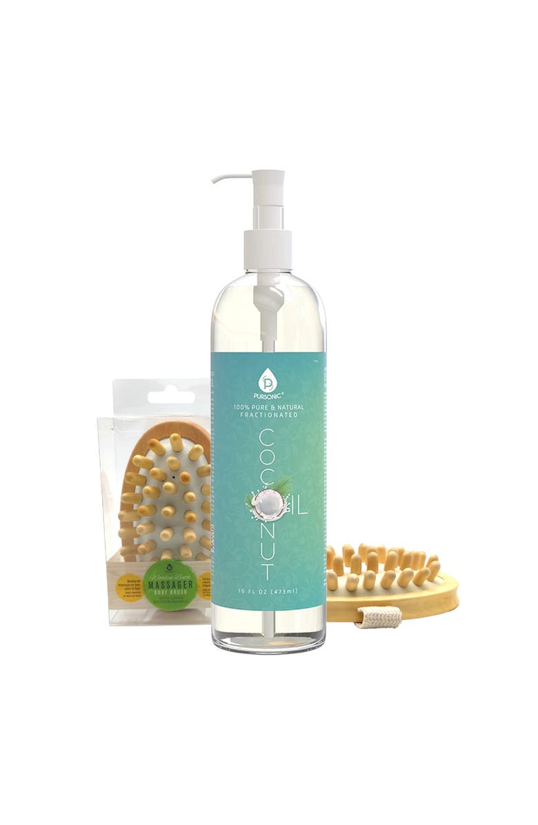 PURSONIC Nourishing Beauty Bundle Fractionated Coconut Oil (16 Oz) & Boar Bristle Bath Brush, Main, color, Multicolor