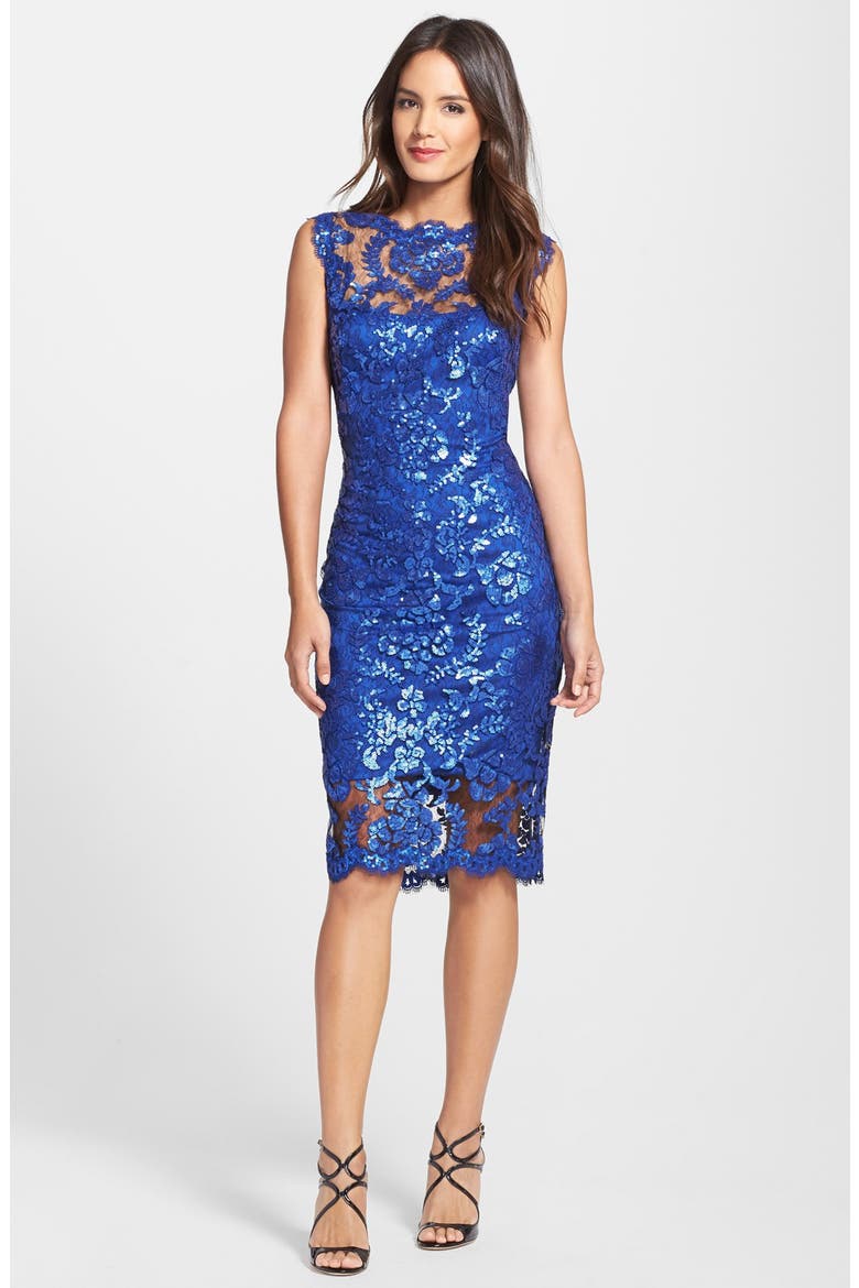 Sequin Illusion Lace Dress, Alternate, color, MYSTIC BLUE