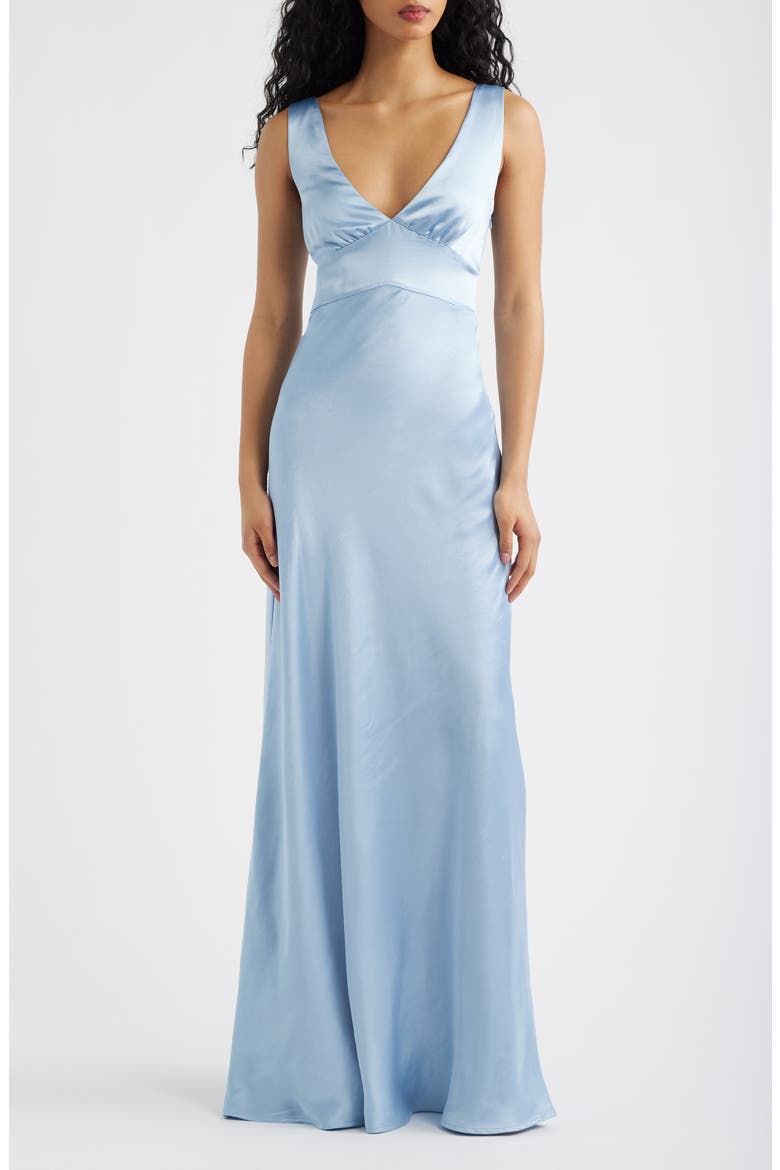 Birdette Deep V-Neck Satin Gown, Main, color, BLUE