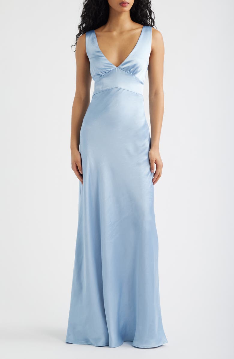 Princess Polly Birdette Deep V-Neck Satin Gown, Main, color, Blue