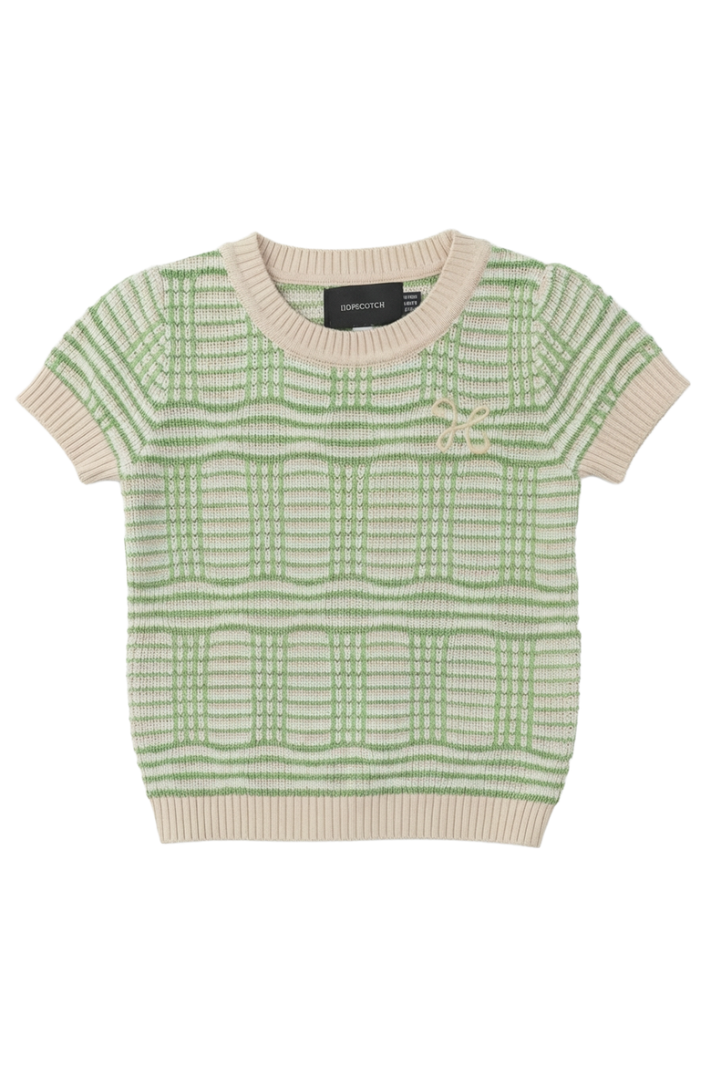 Plaid Ribbed Crew Neck Embroidered Chest Knit Top, Main, color, Lime