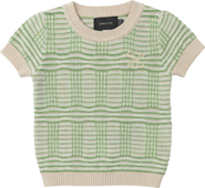 Hopscotch Plaid Ribbed Crew Neck Embroidered Chest Knit Top