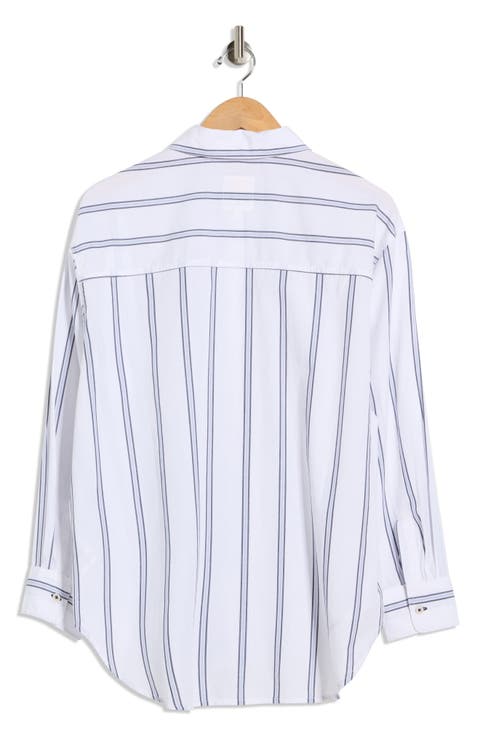 Alaina Oversize Embroidered Stripe Button-Up Shirt
