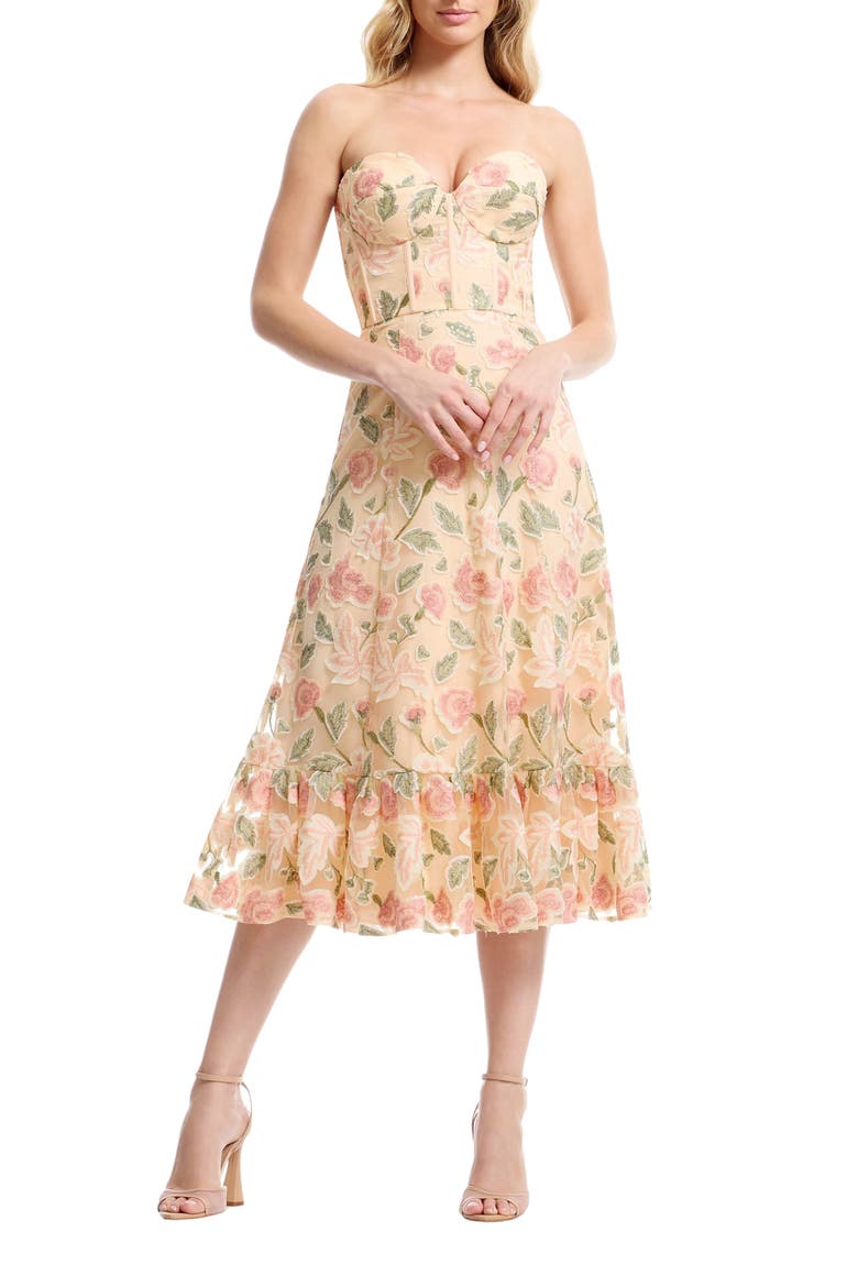 Carina Floral Appliqué Strapless Cocktail Dress, Main, color, BLUSH MULTI