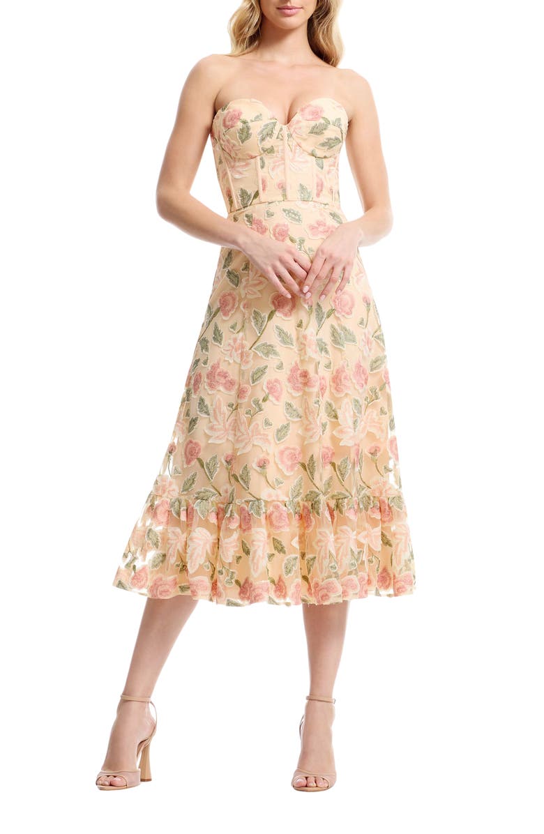 Dress the Population Carina Floral Appliqué Strapless Cocktail Dress, Main, color, Blush Multi