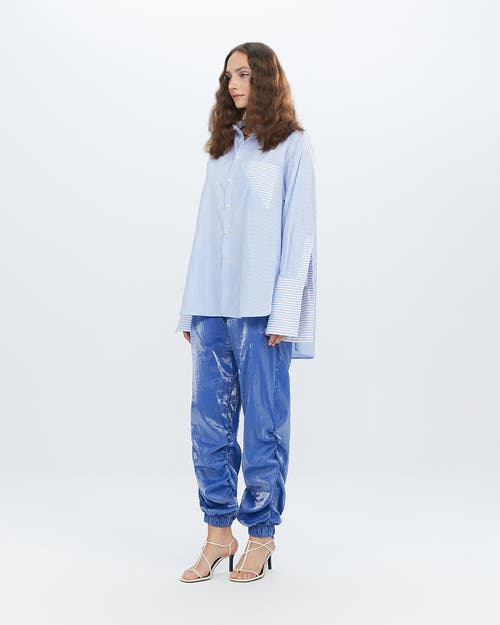Theo The Label Echo Side Button Boyfriend Stripe Shirt In Sky Blue