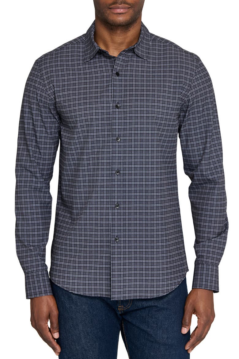 Basic Slim Fit Black & Grey Plaid Performance Button-Up Shirt, Main, color, BLACK