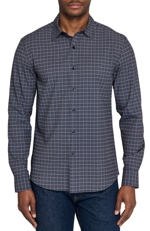 Basic Slim Fit Black & Grey Plaid Performance Button-Up Shirt